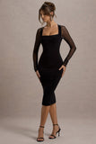 Off Track Black Bodycon Midi Dress With Sheer Sleeves