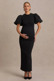 Luna Black Crew Neck Maternity Midi Dress With Puff Sleeves