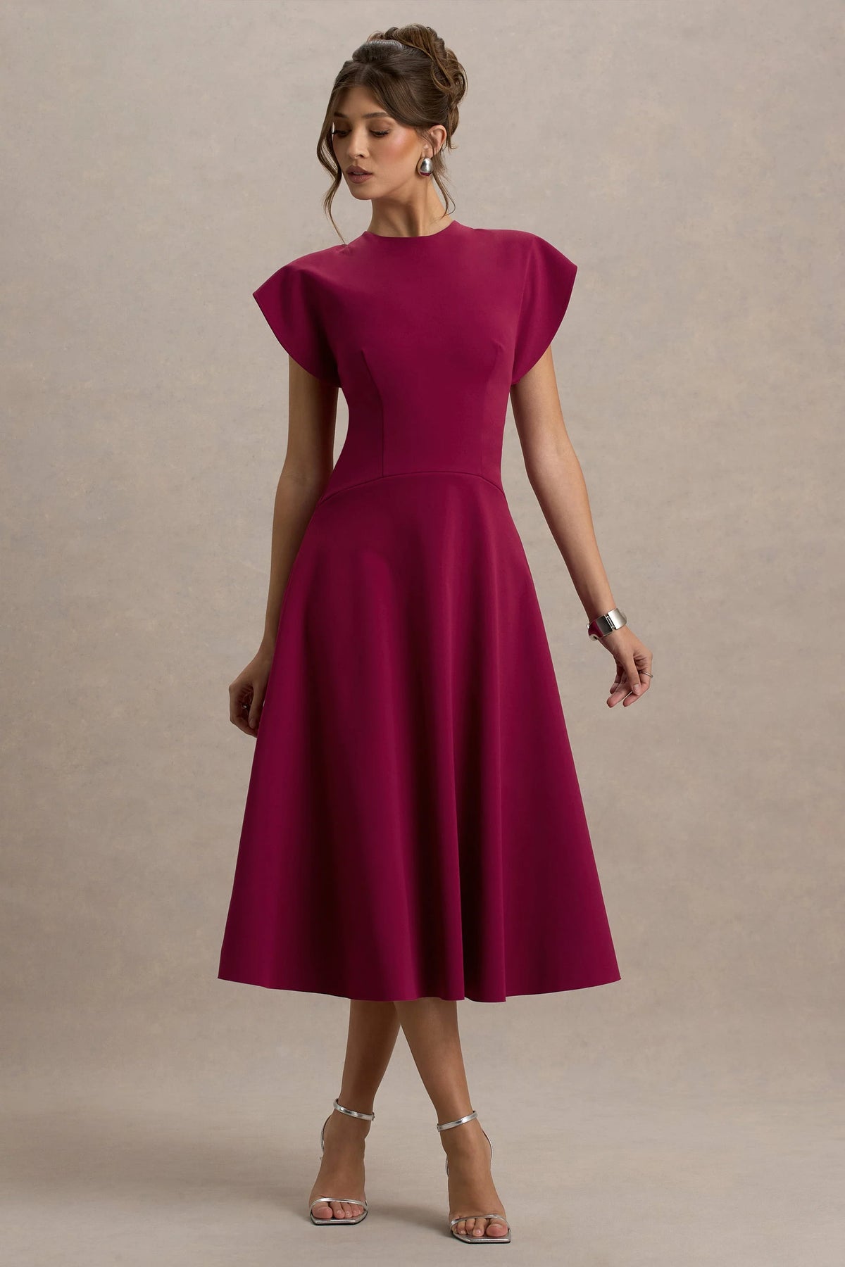 Linda Dark Cherry Crew Neck Cap Sleeve Midi Dress