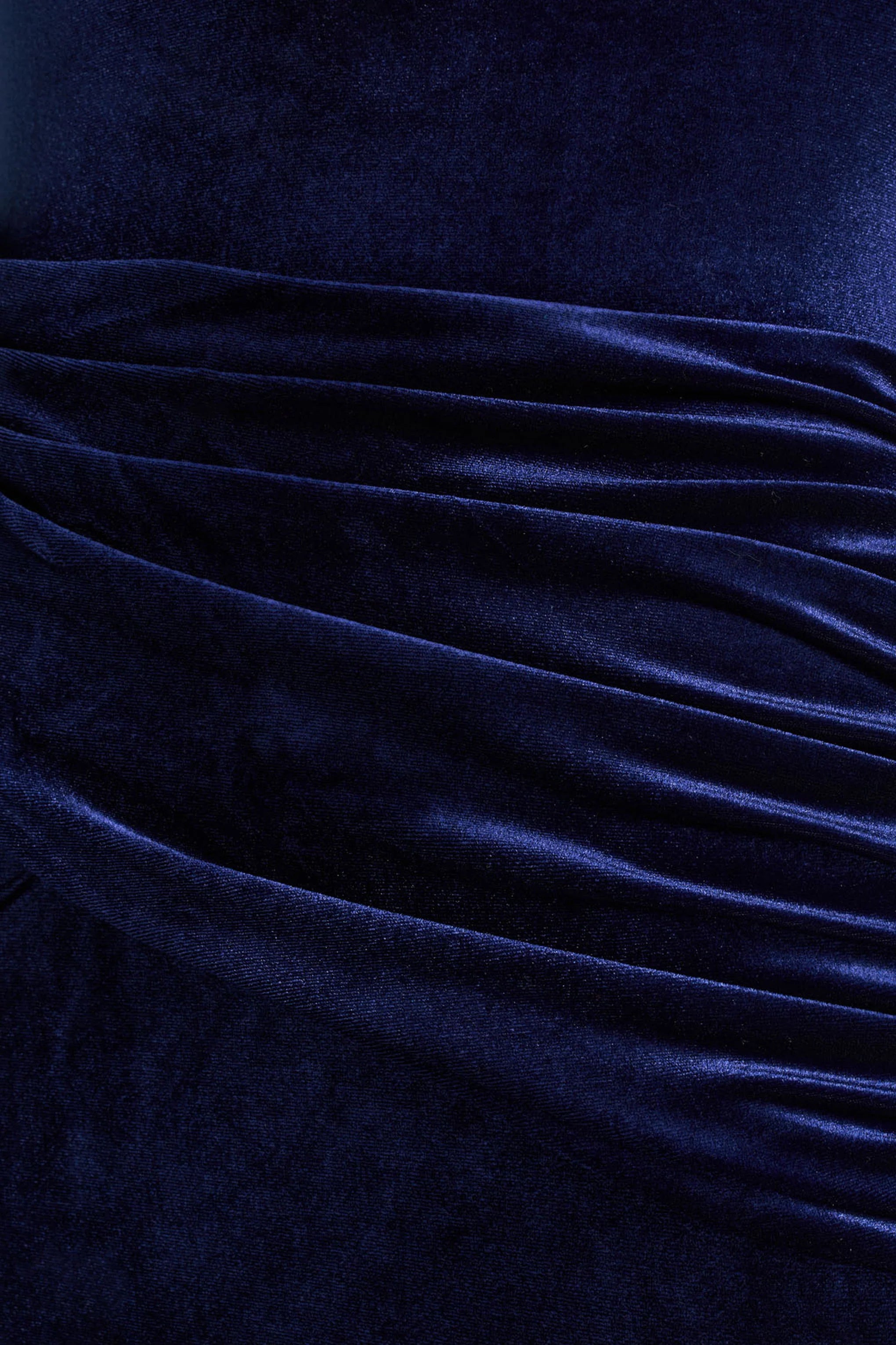 Eirene Blue Velvet Asymmetric Neck Midi Dress