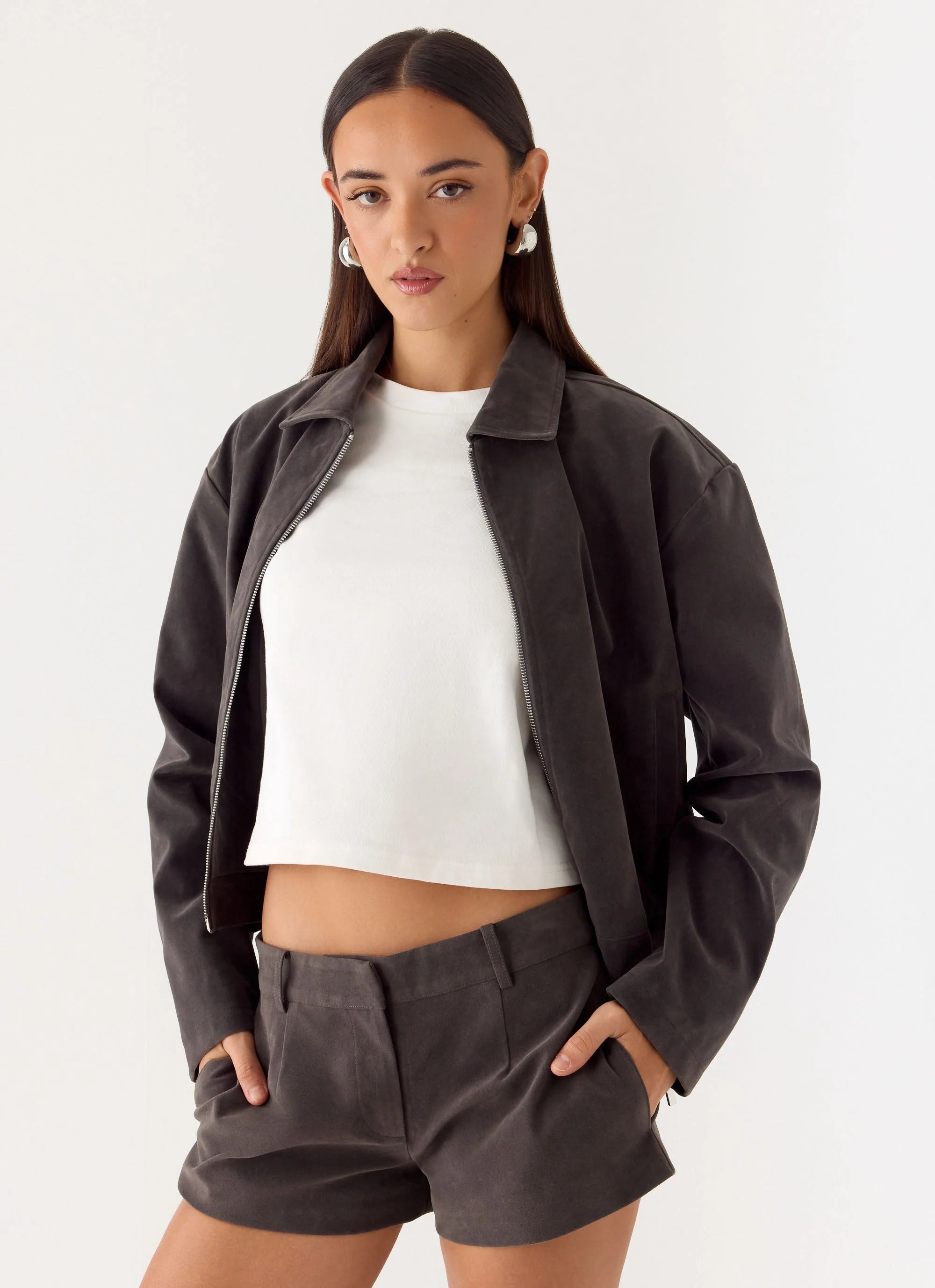 Austina Faux Suede Boxy Jacket Tan Grey