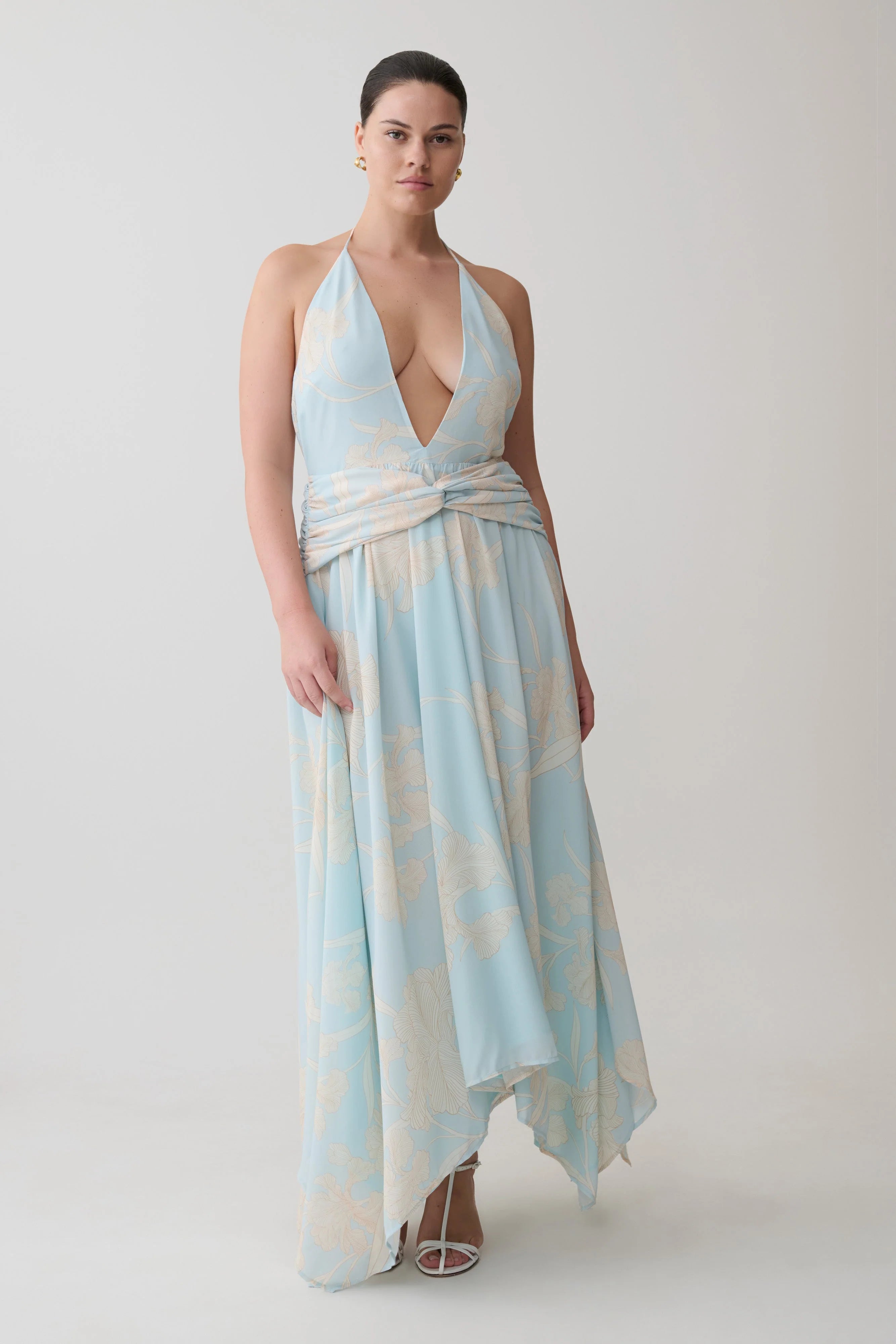 Cyra Plunge Chiffon Midi Dress Blue Floral Print