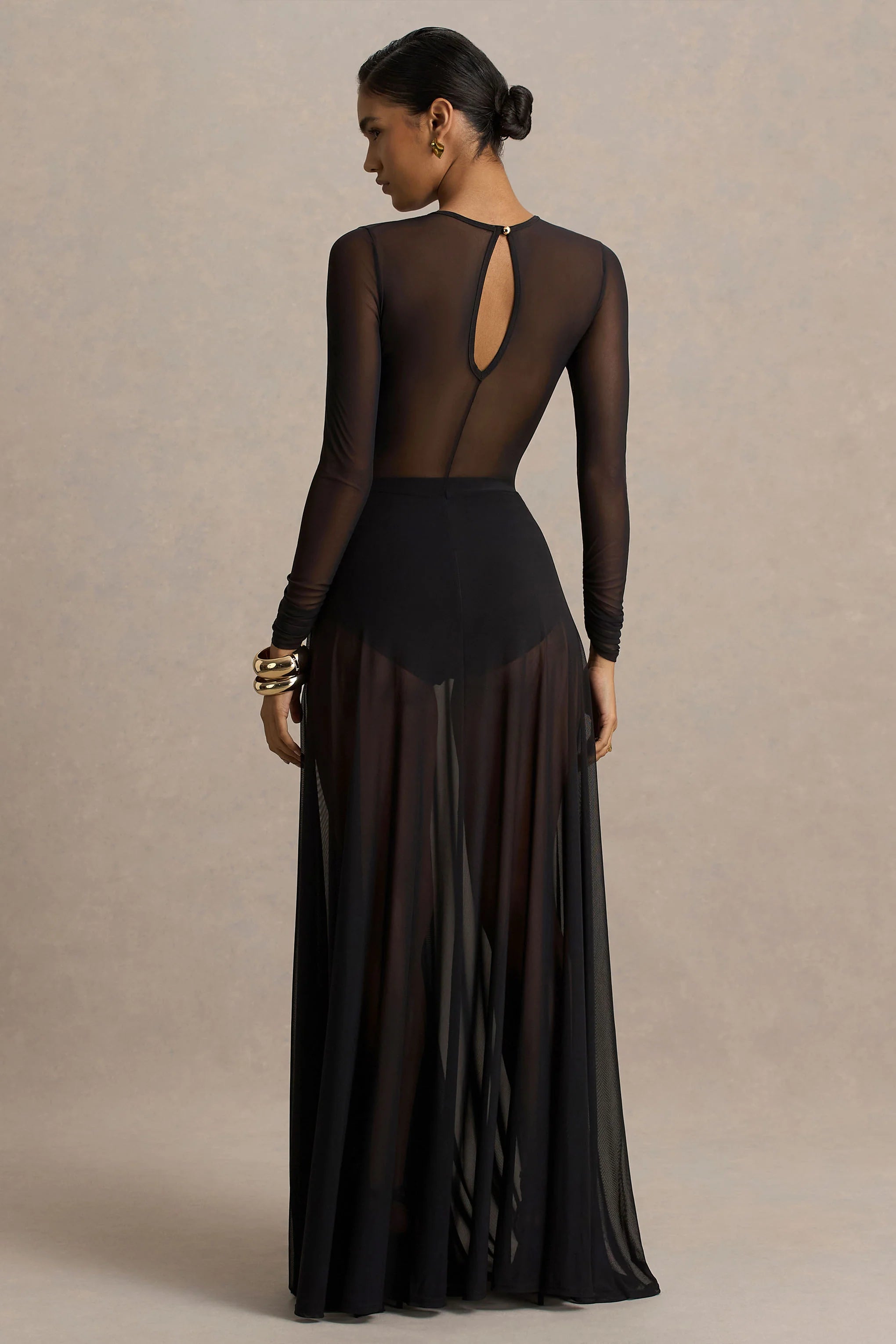 Koami Black Mesh Long Sleeve Ruched Maxi Dress With High Split