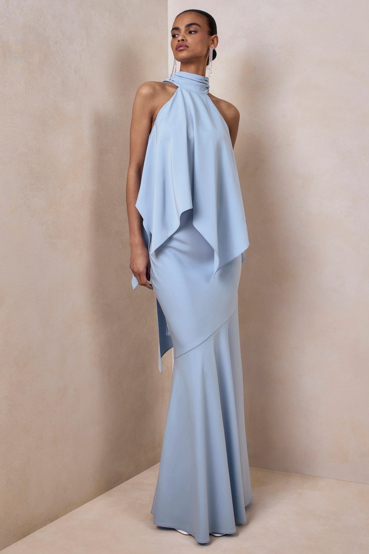 Vayla Powder Blue Matte Satin Asymmetric Drop Waist Maxi Skirt