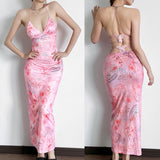 Women Backless Butterfly Dress Sexy V Neck Sleeveless Open Back Maxi Dress Party Cocktail Bodycon Long Dress