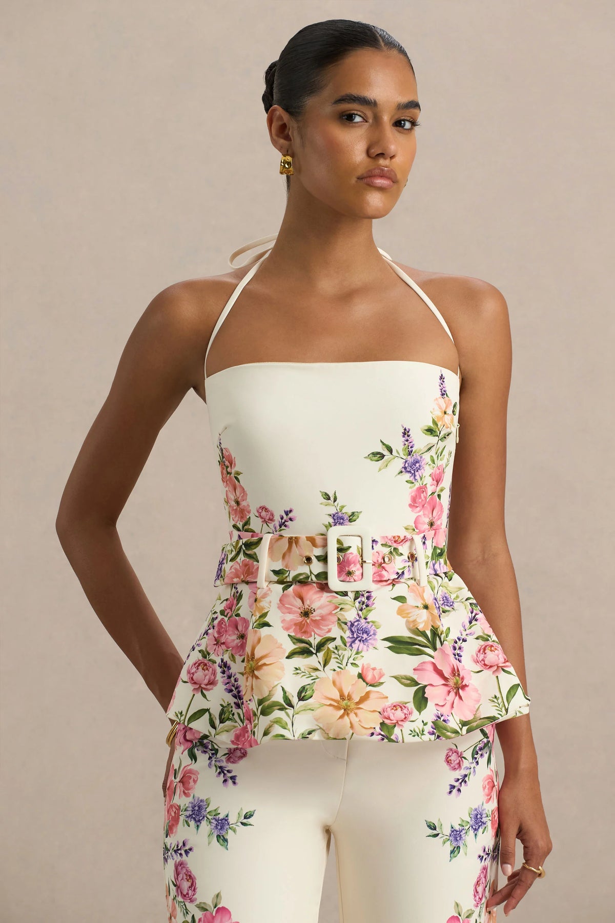 Maud White Floral Border Print Square Neck Tailored Top