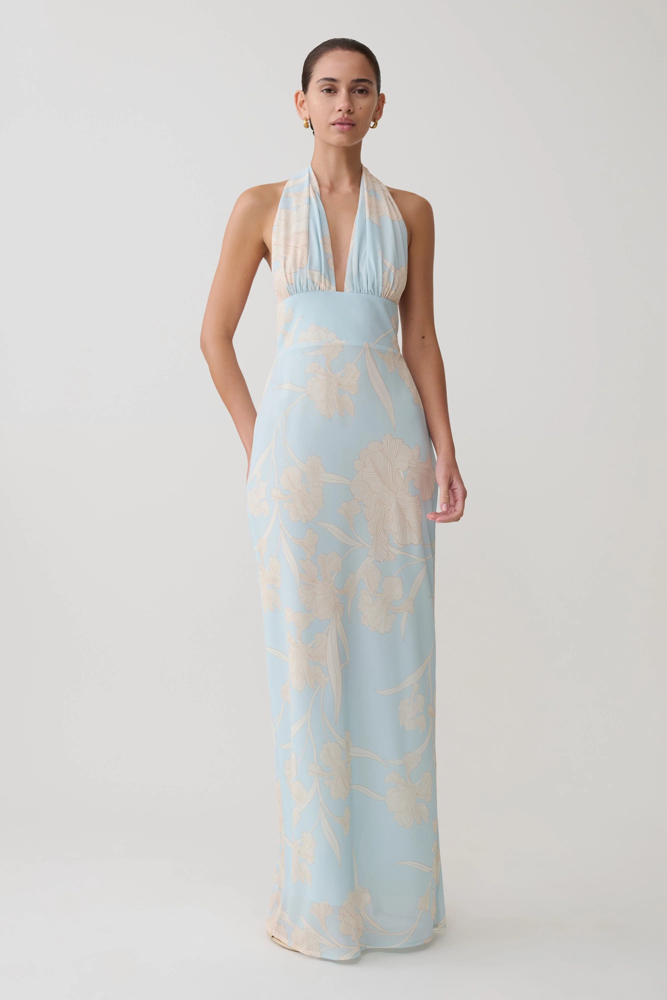 Nadine Halter Scarf Chiffon Maxi Dress Blue Floral Print