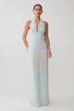 Nadine Halter Scarf Chiffon Maxi Dress Blue Floral Print