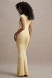 Lorenza Pale Lemon High Neck Ruched Maxi Dress With Draped Skirt