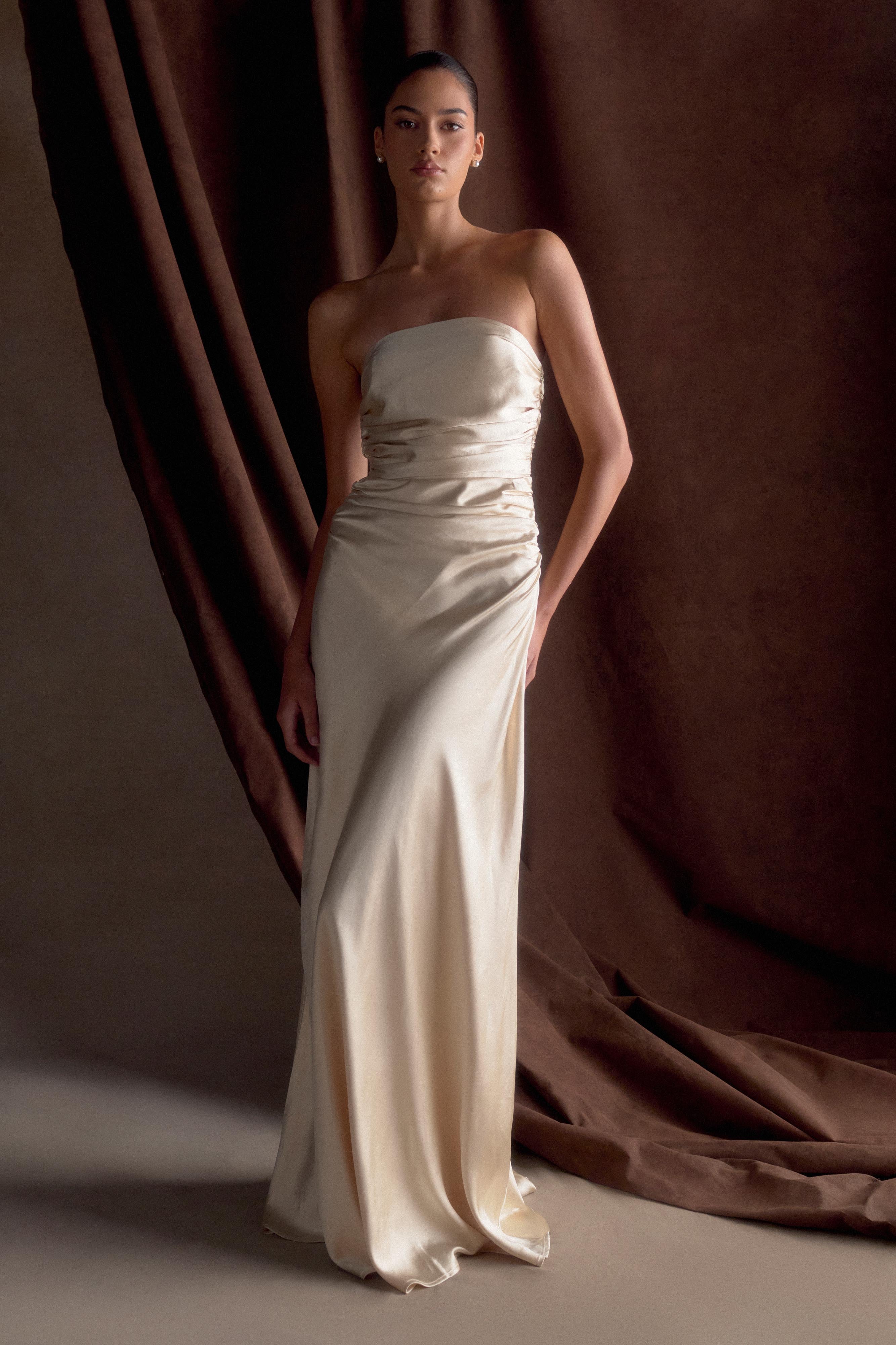 Cedar Strapless Satin Maxi Dress Blush Gold
