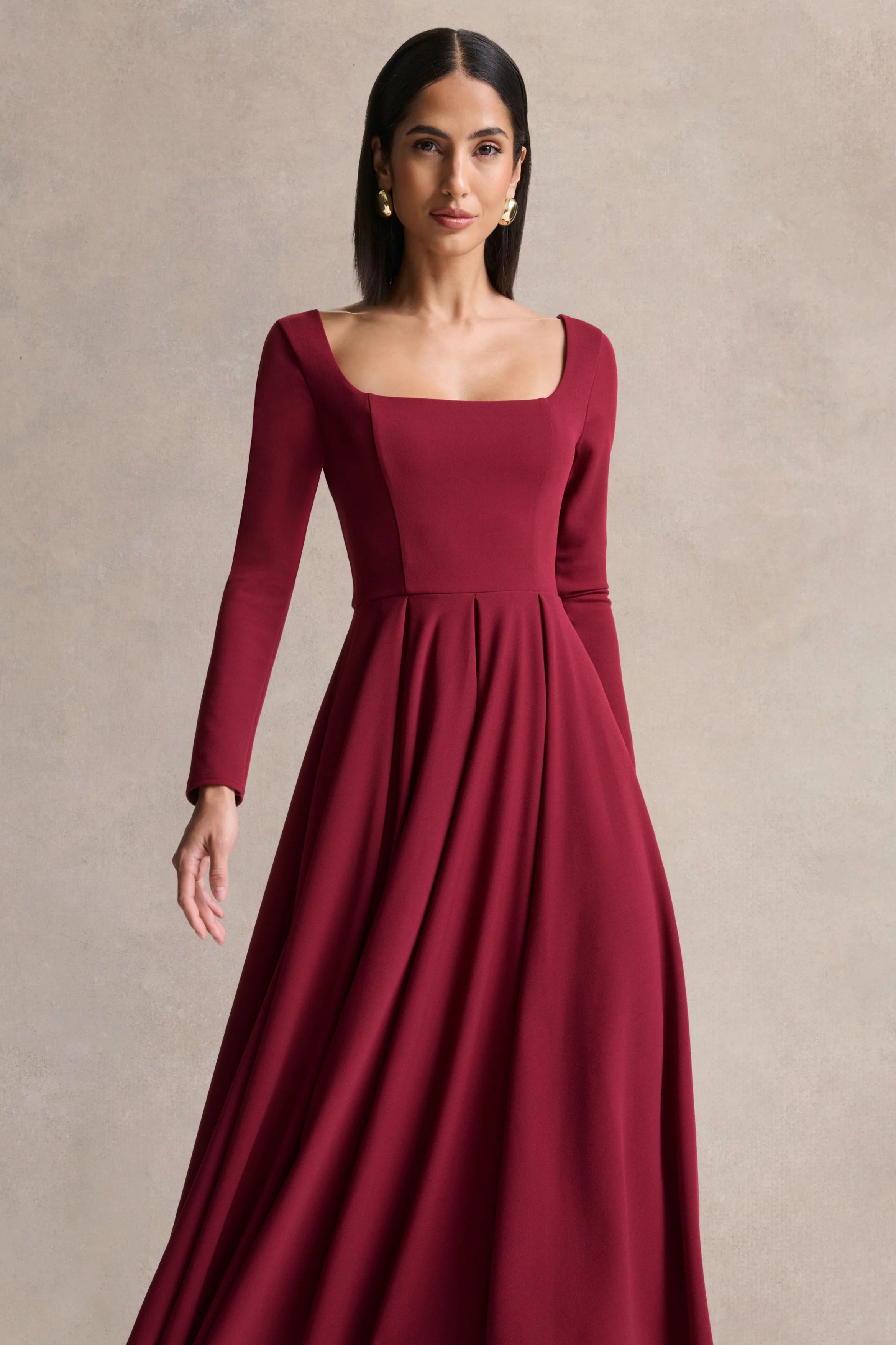 Alison Burgundy Square Neck A Line Midi Dress