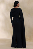 Heliora Black V Neck Maxi Dress With Sash And Draped Detail