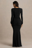 Saffie Black Extreme Plunge Wrap Maxi Dress With Long Sleeves And Ruched Detailing
