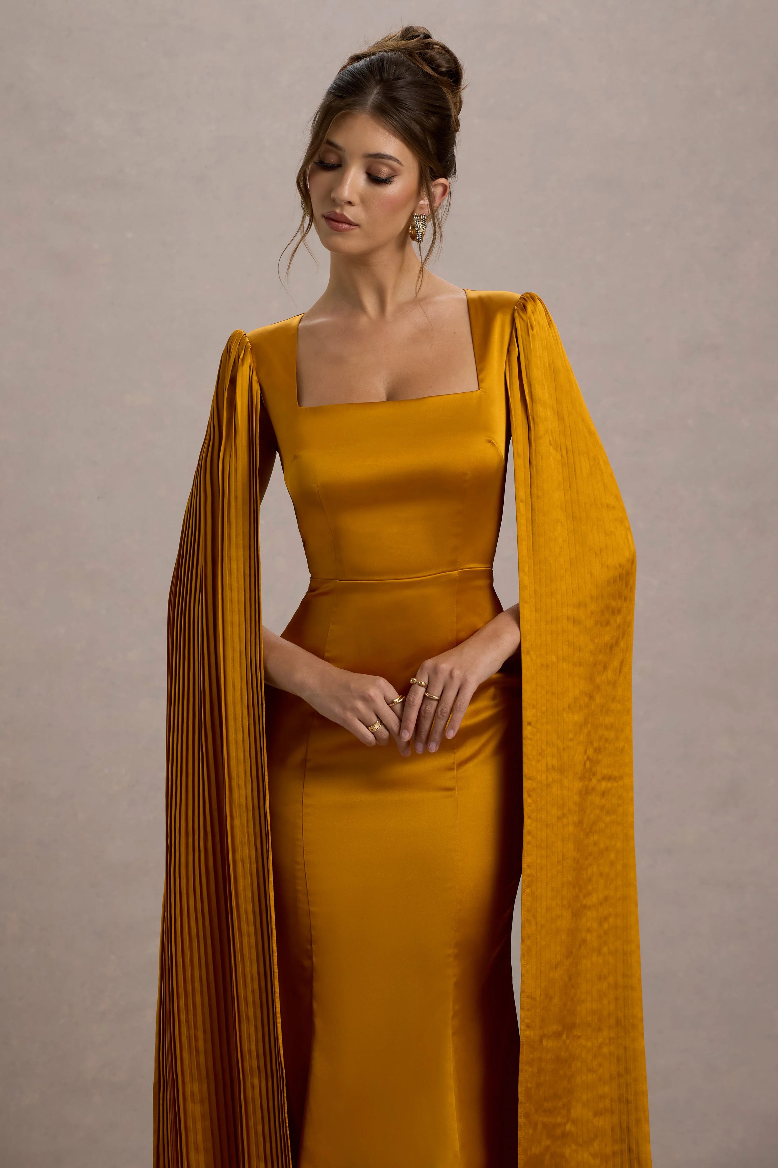 Nalda Mustard Square Neck Midi Dress With Cape Sleeves