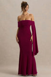 Saffina Burgundy Bardot Neck Maxi Dress With Sash Detail