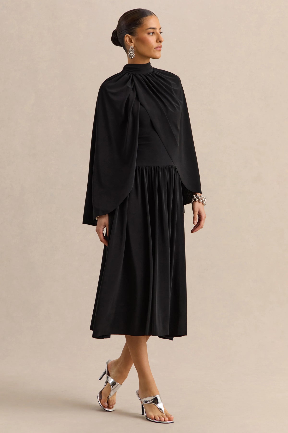 Honora Black High Neck Midi Dress With Cape Sleeves