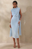 Lysandria Powder Blue High Neck Midi Dress With Draped Detailing