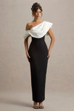 Angelina Black White Draped Shoulder Maxi Dress