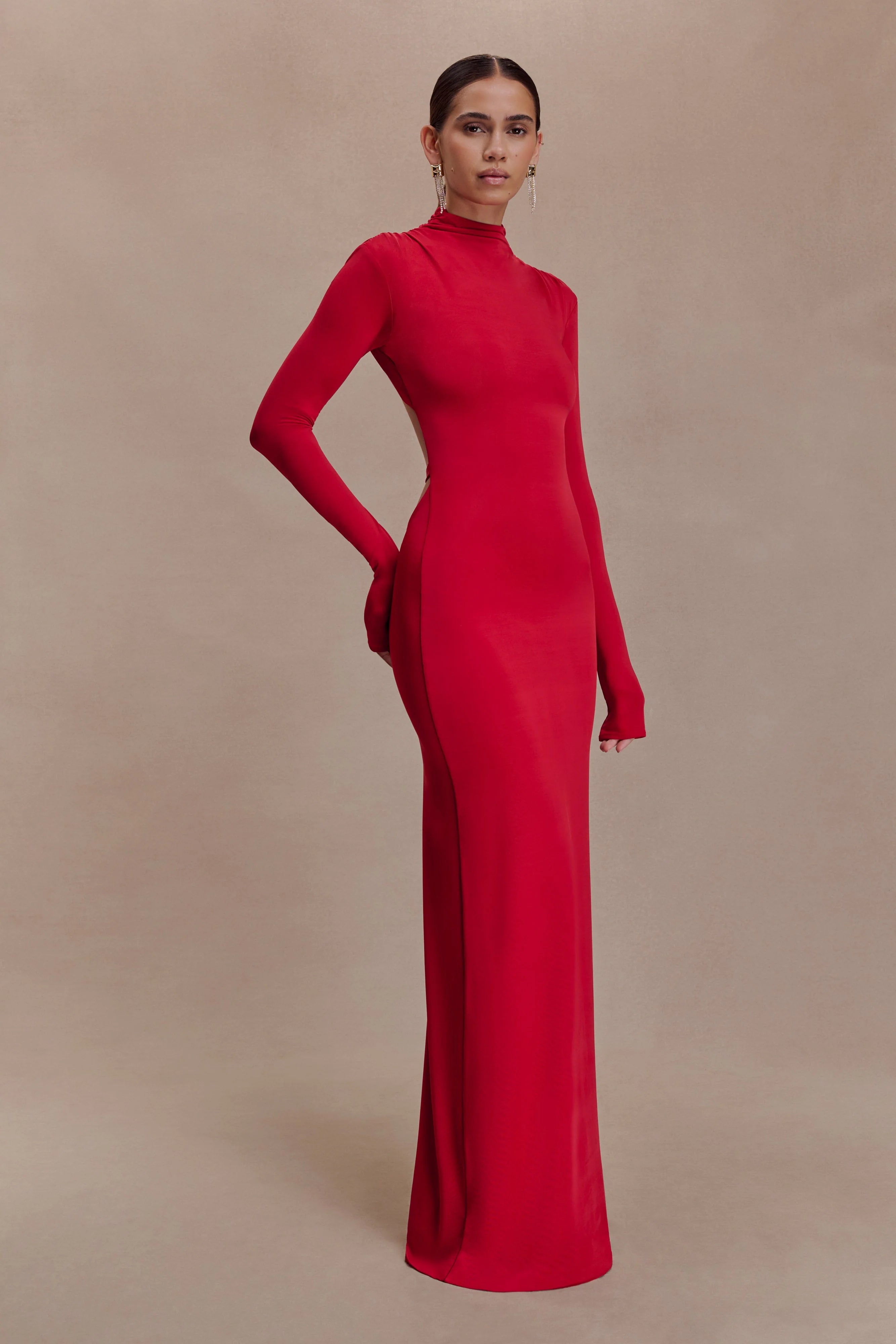 Kiyah Slinky Cut Out Maxi Dress Red