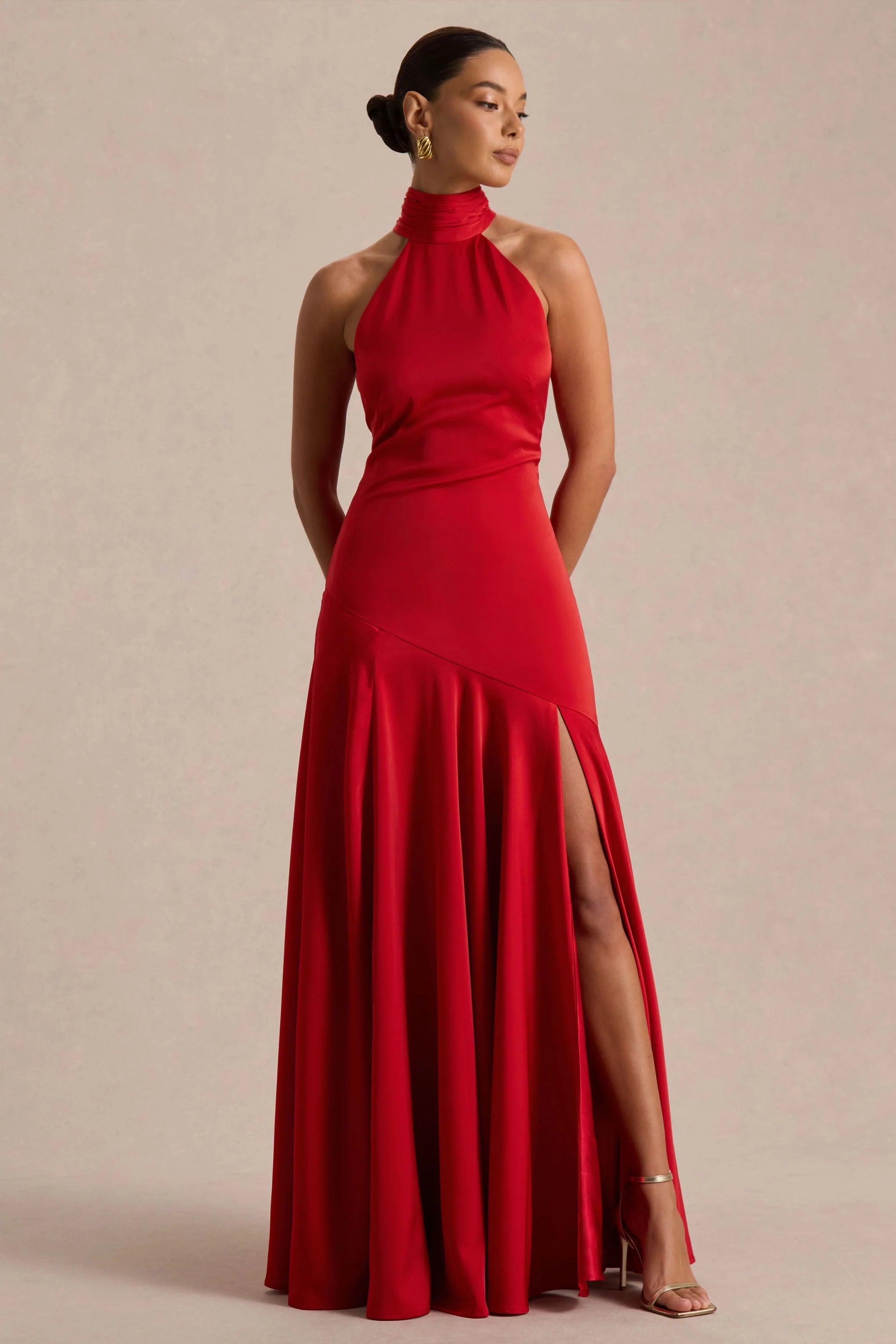 Luscious Red High Neck Maxi Dress With Drop Waist And Bow Detail