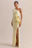 Norna Lemon Lace Asymmetric Neck Maxi Dress With Cut Out And Bow Details