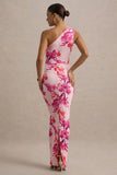 Dalarie Pink and Orange Floral Print One Shoulder Gathered Maxi Dress