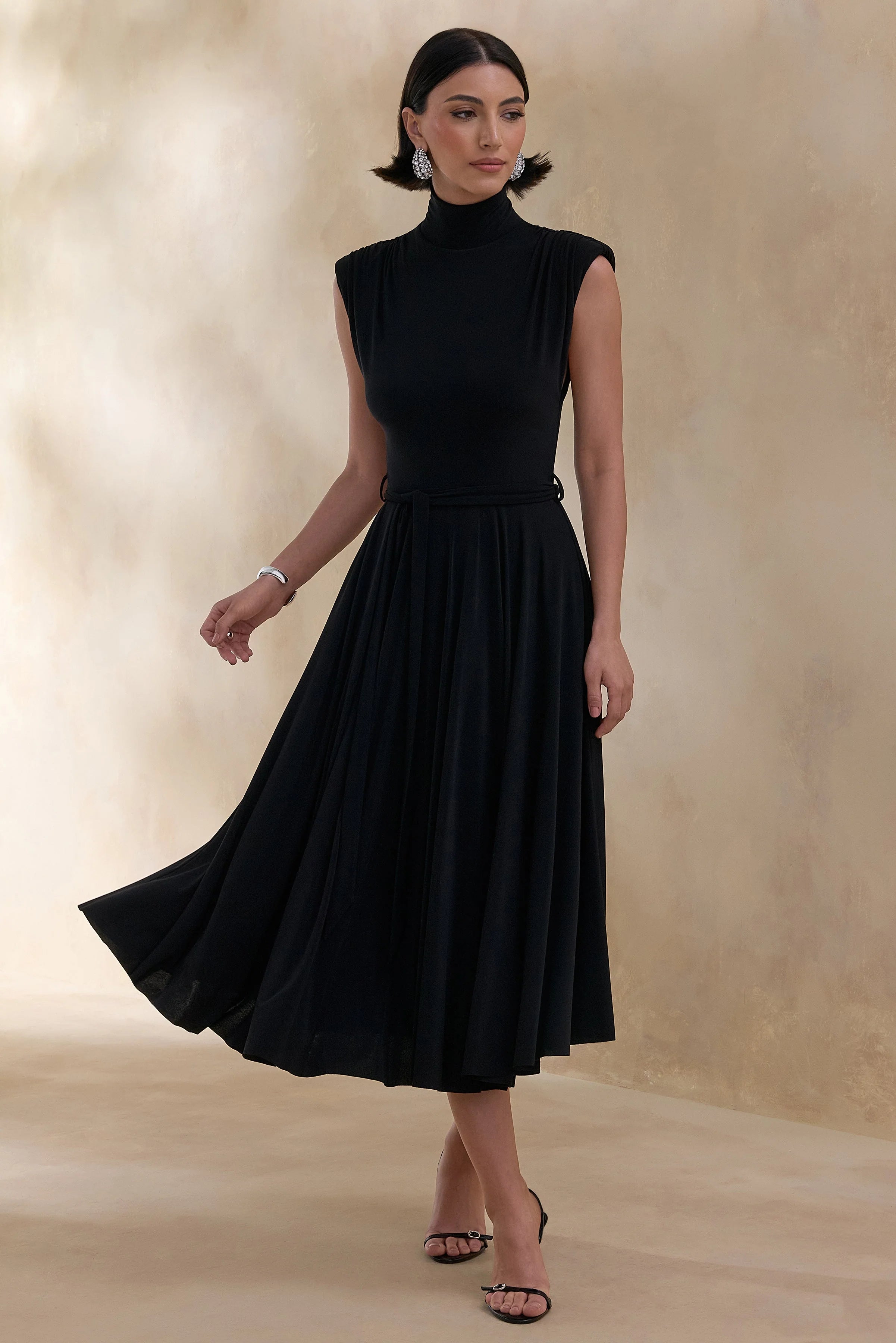 Roselena Black High Neck Midi Dress