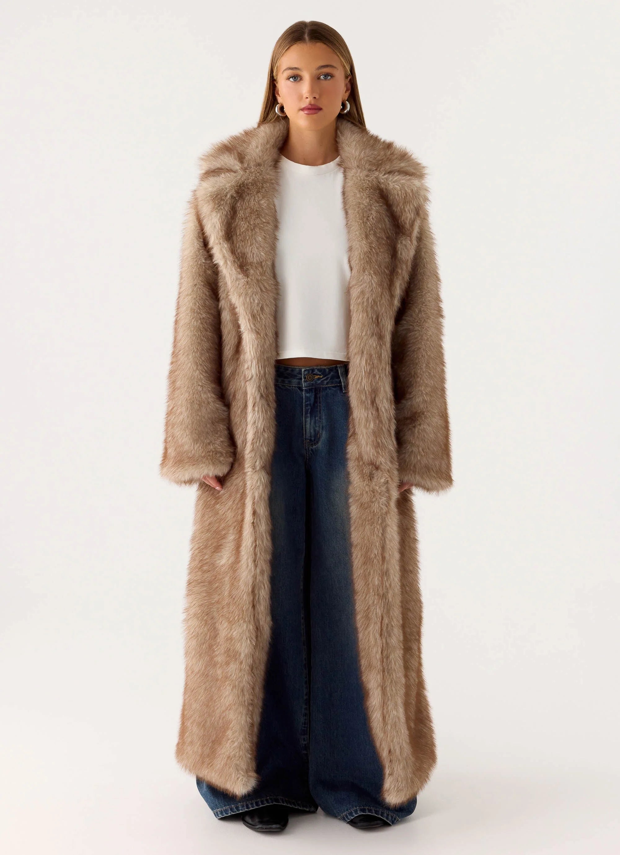 Kamil Faux Fur Maxi Coat Tan Beige