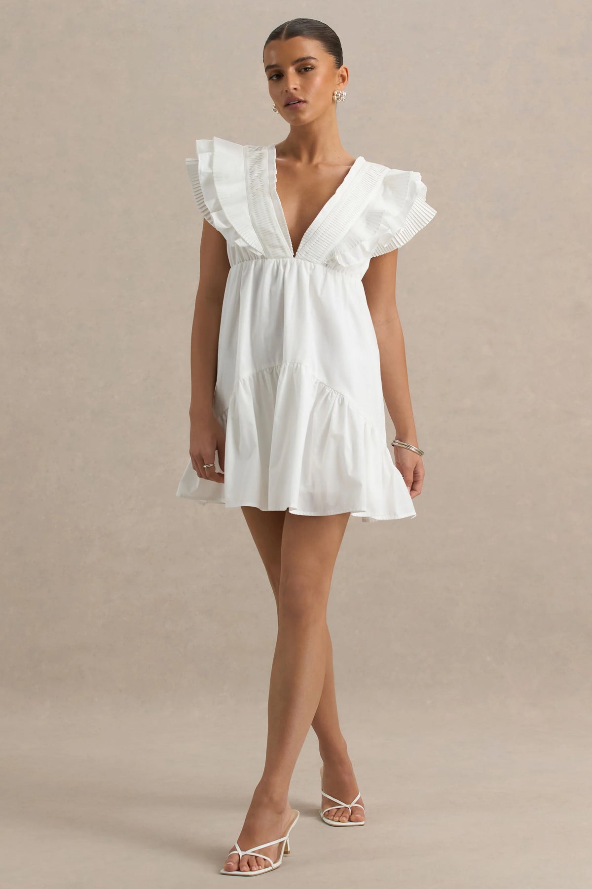 Judie White Poplin V Neck Ruffled Mini Dress