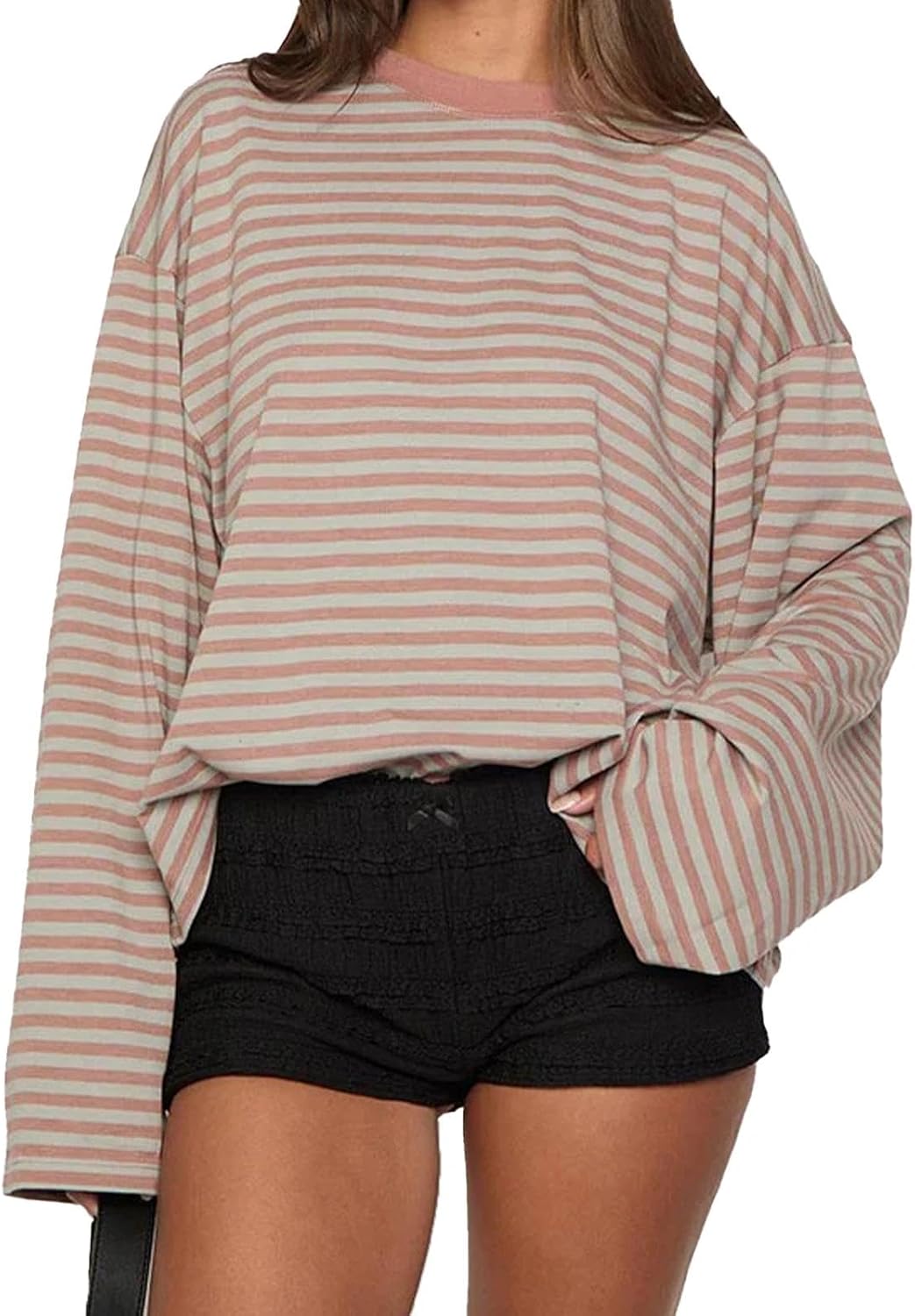Women Striped Long Sleeve Shirt Crewneck Cropped Pullover Top Fall Winter Vintage Sweatshirt Streetwear
