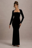 Morana Black Velvet Square Neck Long Sleeve Maxi Dress