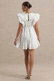 Judie White Poplin V Neck Ruffled Mini Dress