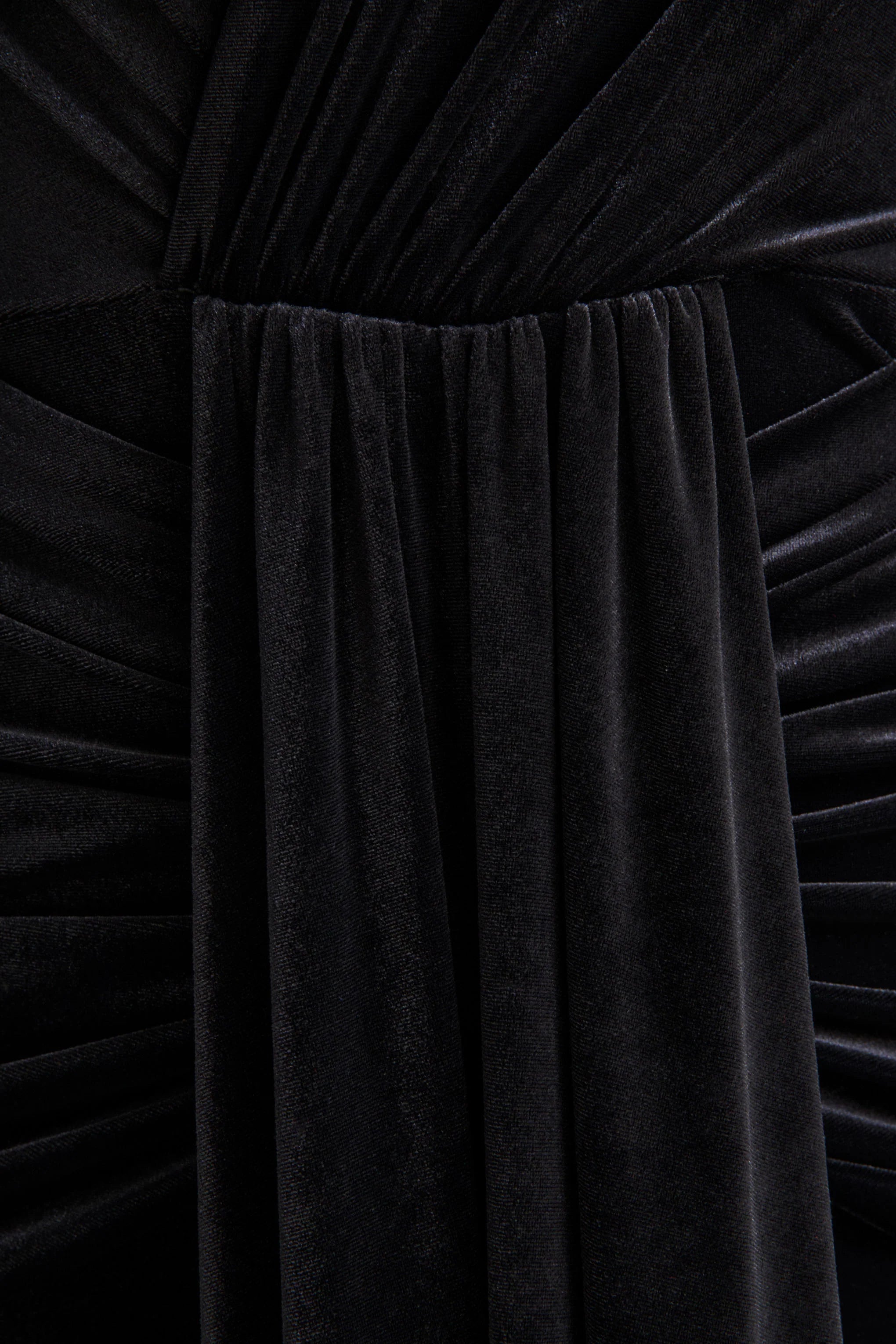 Halima Black Velvet Plunge Neck Maxi Dress With Gathered Detailing