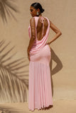 Meggie Pink Plunge Neck Twisted Maxi Dress With Chiffon Skirt