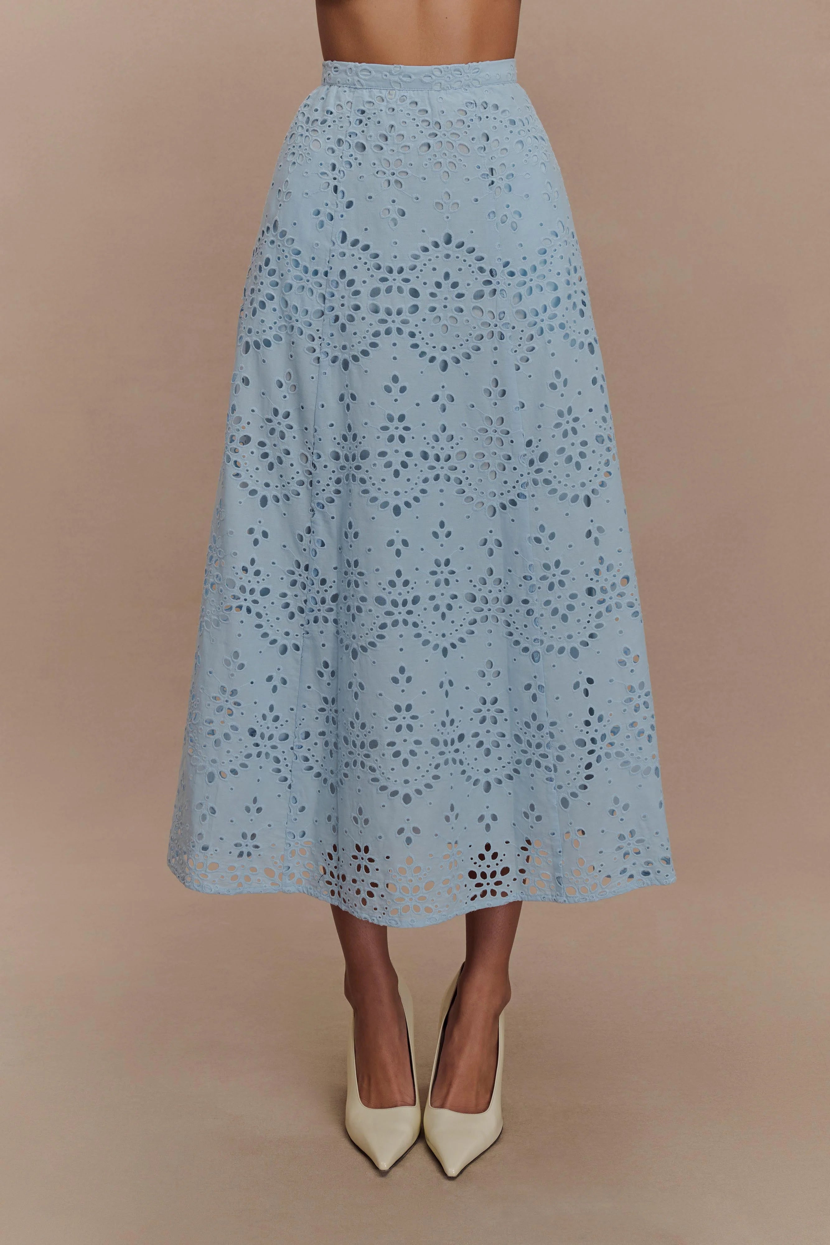 Arla Broderie Midi Skirt Pale Cornflower Blue