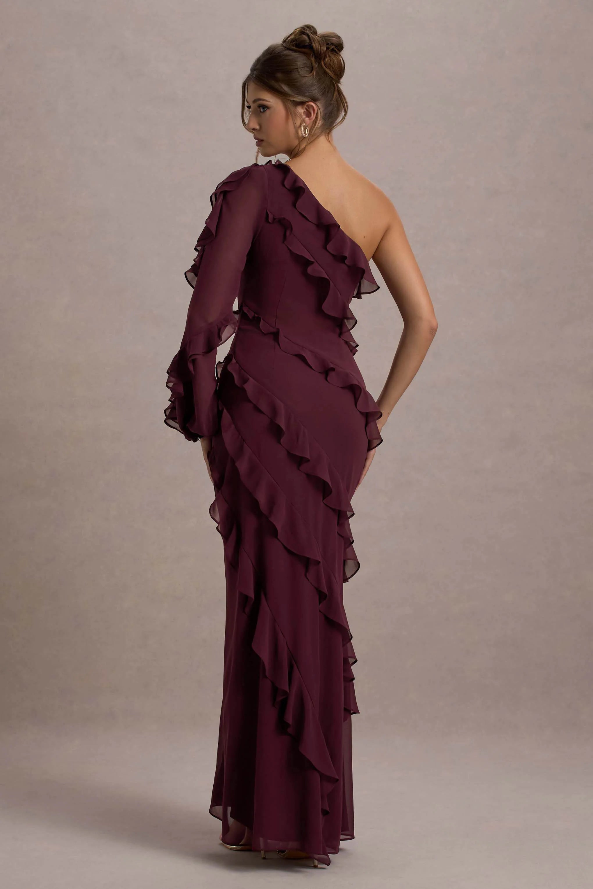 Lalika Burgundy Asymmetric One Sleeve Ruffle Maxi Dress
