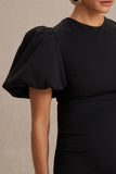 Luna Black Crew Neck Maternity Midi Dress With Puff Sleeves