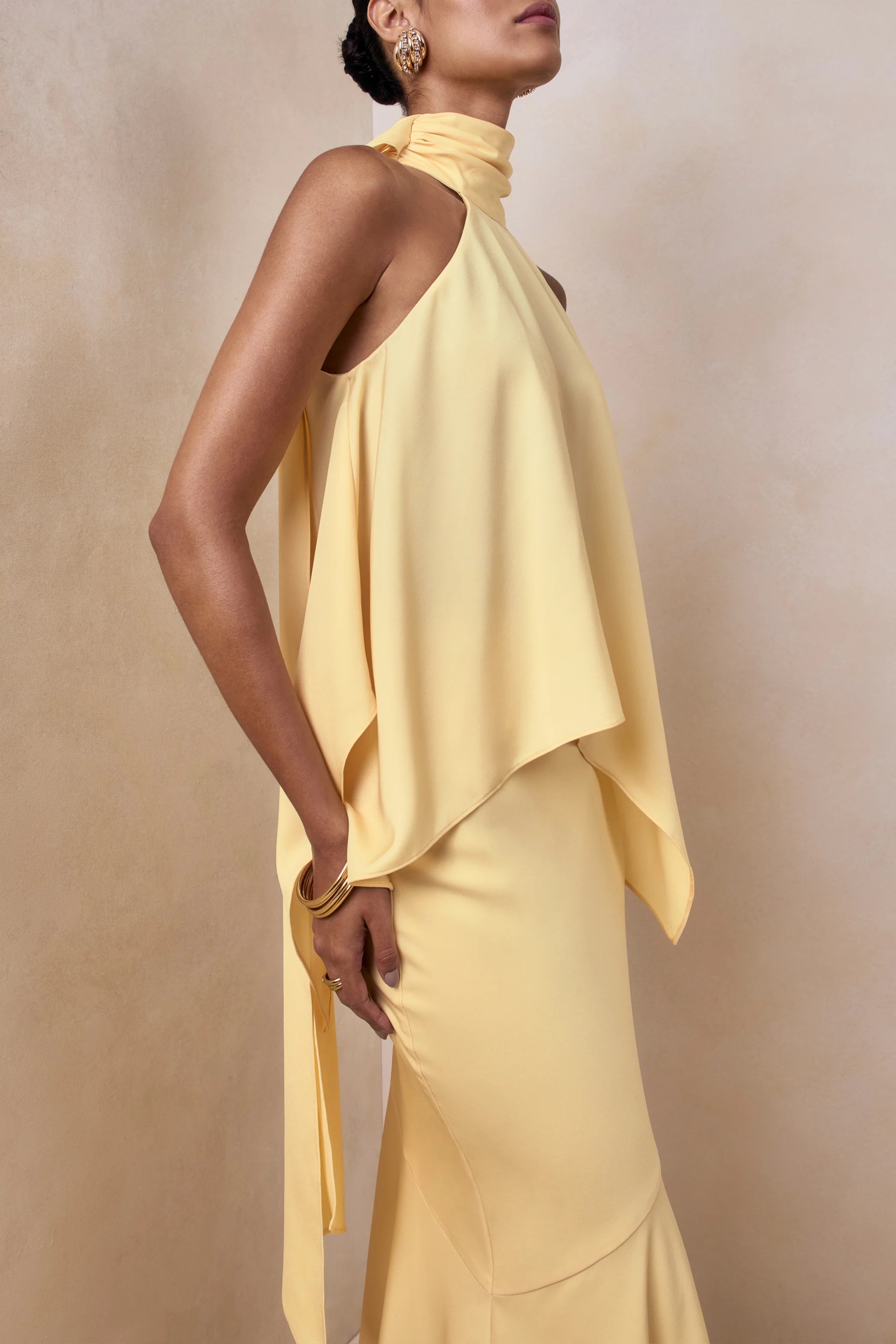 Vayla Lemon Matte Satin Asymmetric Drop Waist Maxi Skirt