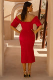 Fiona Red Plunge Neck Split Midi Dress