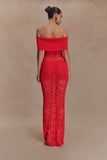 Solstice Off Shoulder Crochet Knit Maxi Dress Blood Orange
