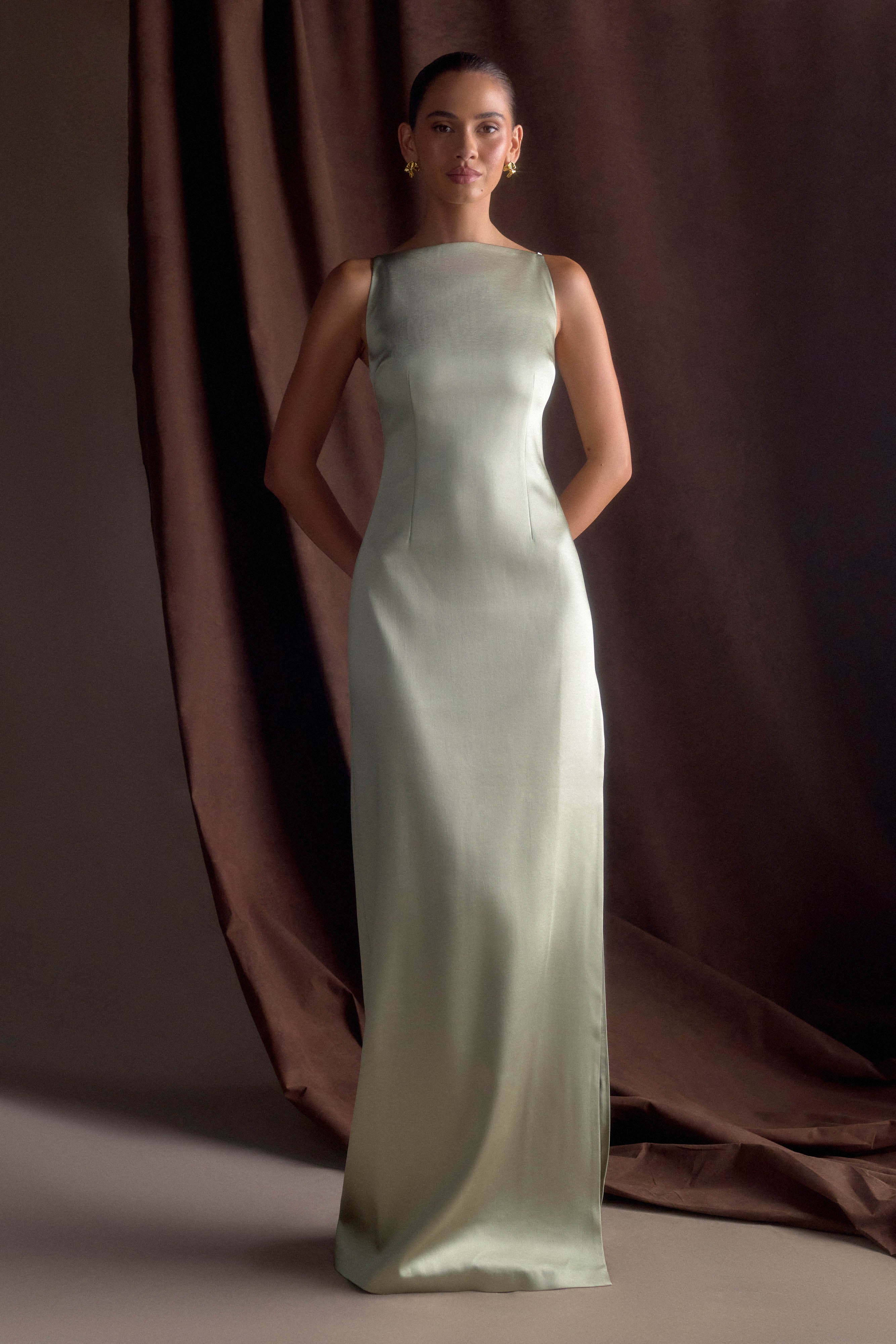 Violet Sleeveless Satin Maxi Dress Sage