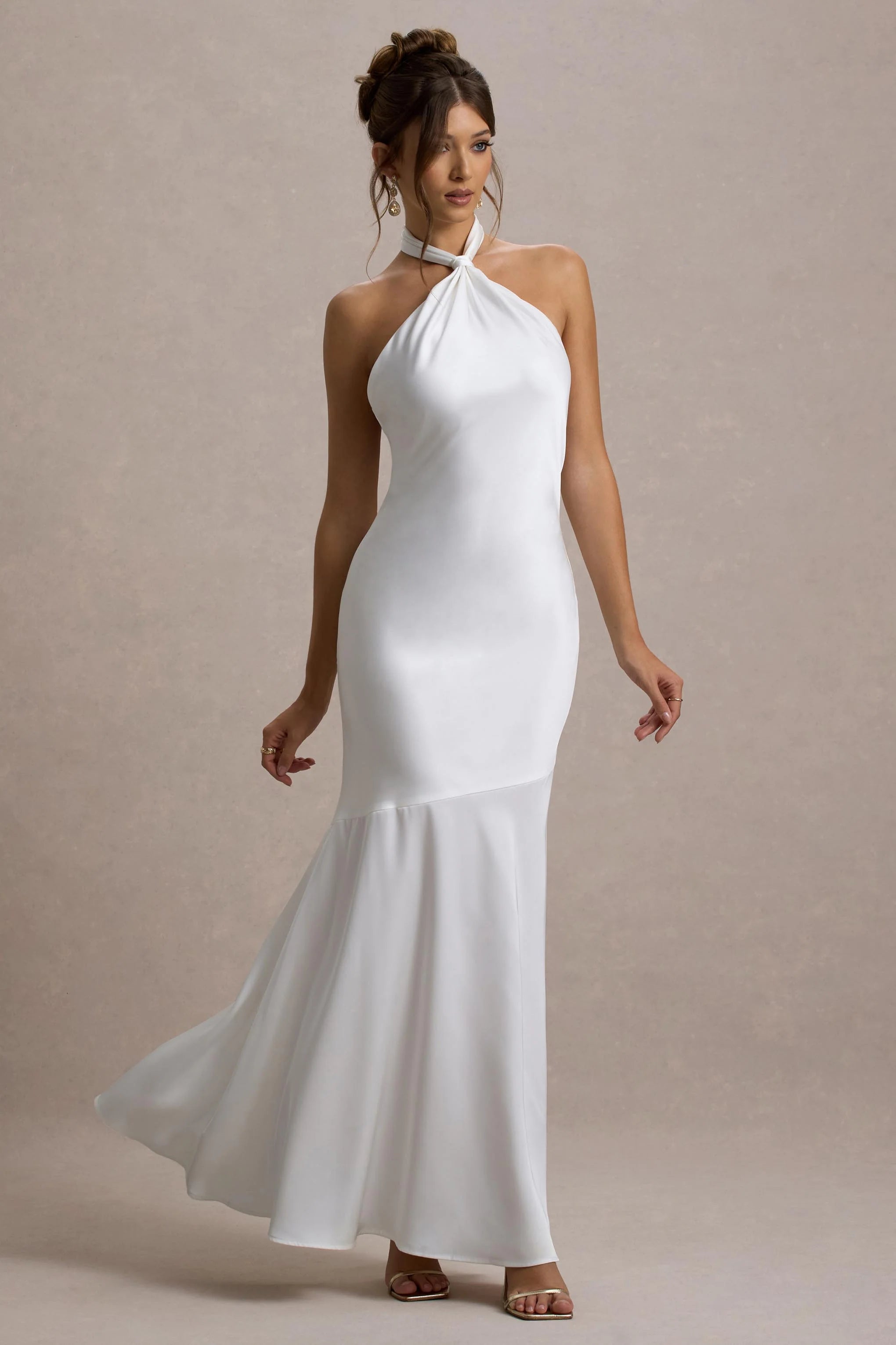 Knox White Satin Knot Halter Neck Maxi Dress