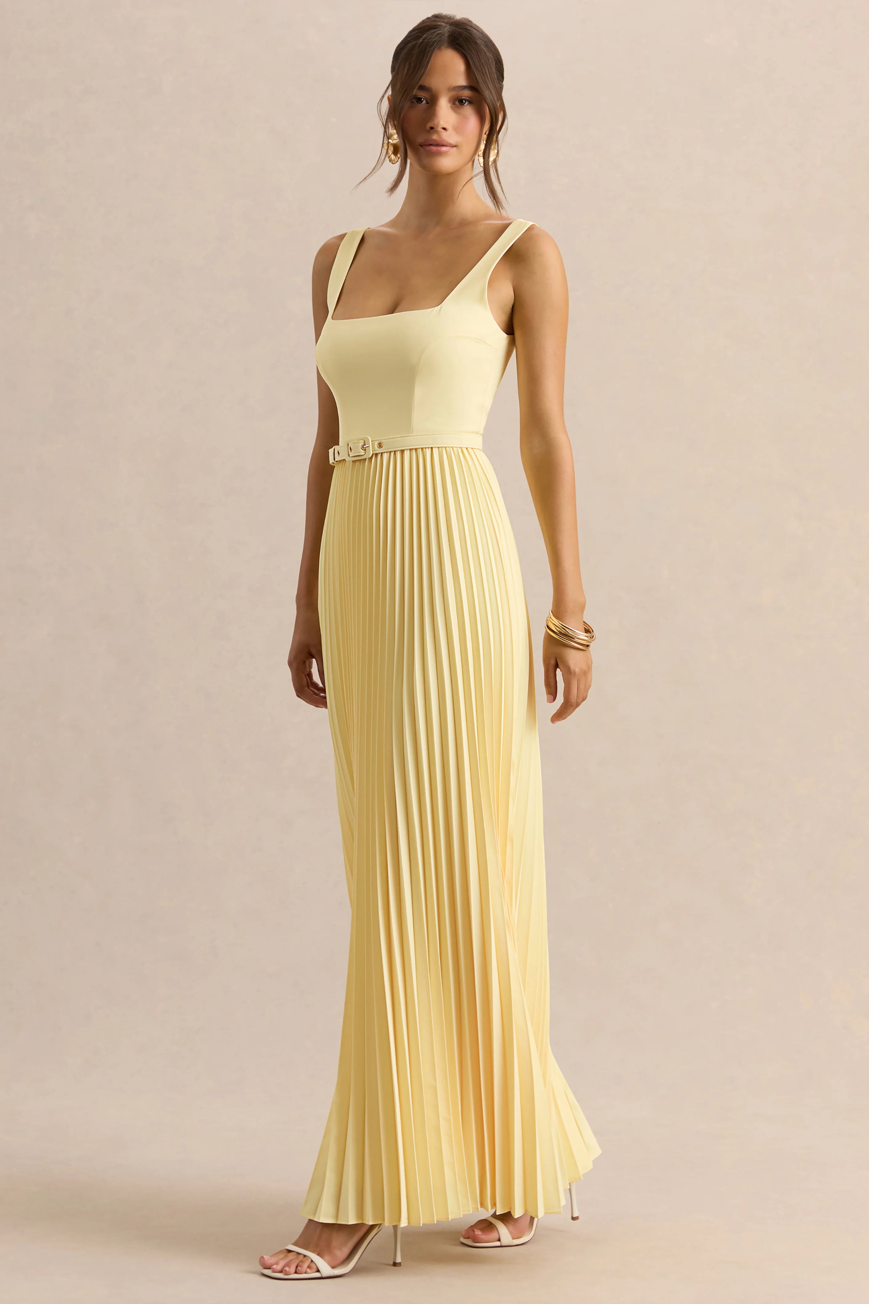 Danika Lemon Square Neck Belted Maxi Dress With Pleated Skirt