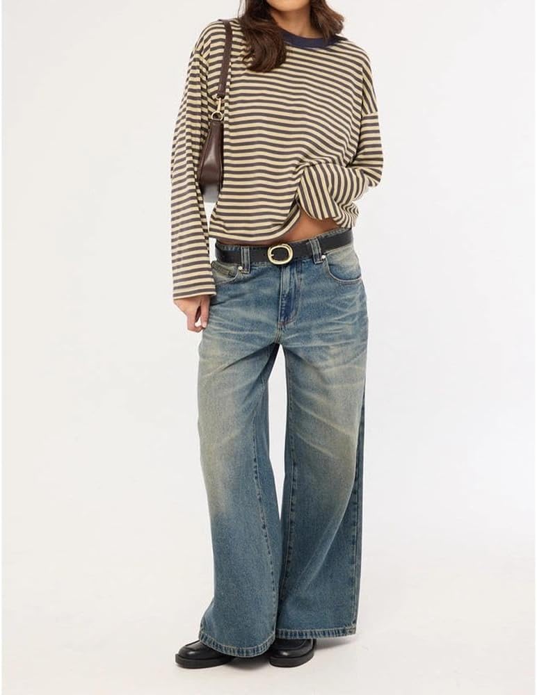 Women Striped Long Sleeve Shirt Crewneck Cropped Pullover Top Fall Winter Vintage Sweatshirt Streetwear
