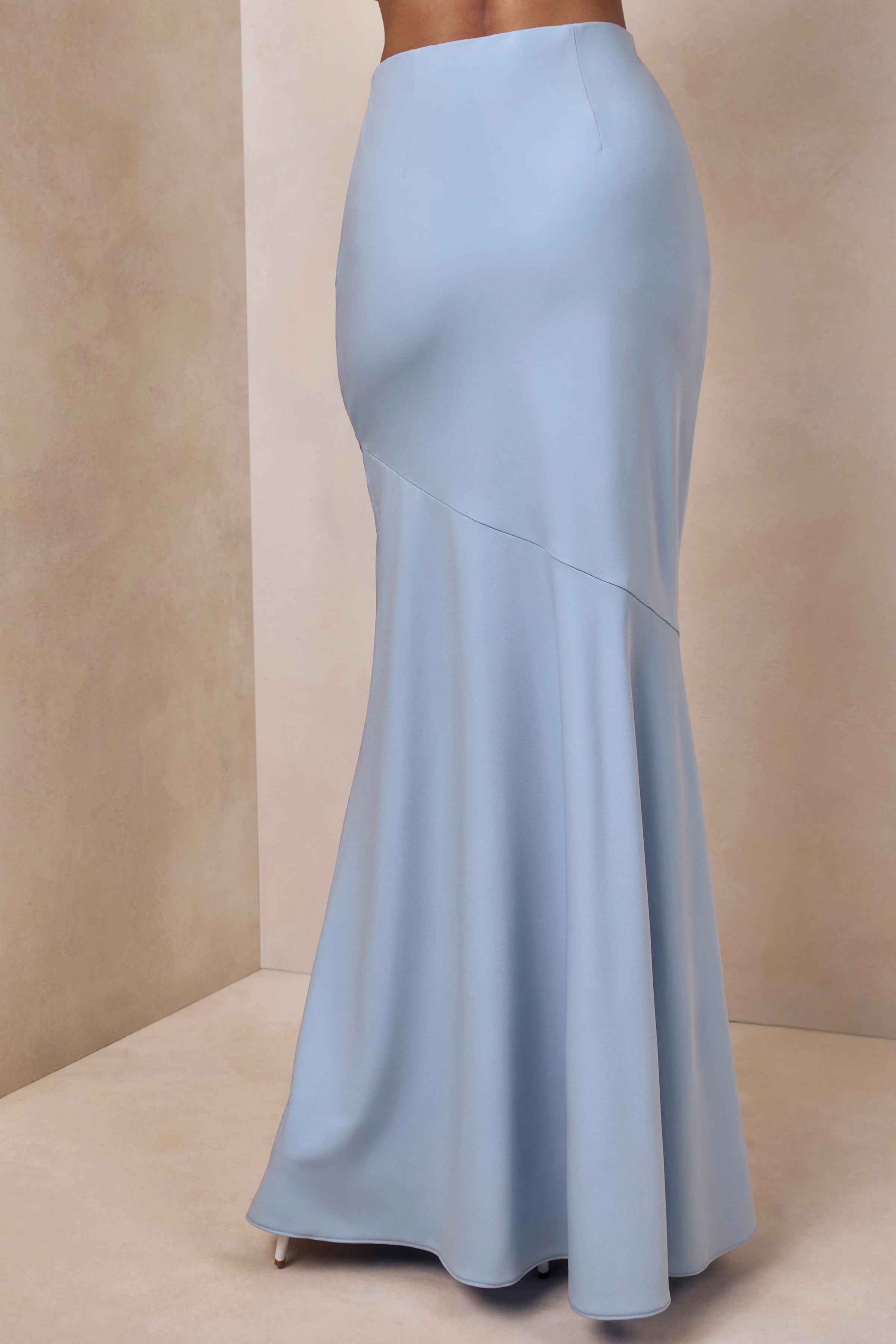 Vayla Powder Blue Matte Satin Asymmetric Drop Waist Maxi Skirt