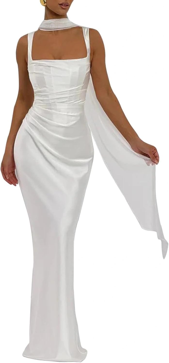 Women Wedding Guest Dress Satin Corset Top Elegant Maxi Dresses with Sheer Scarf Evening Gown