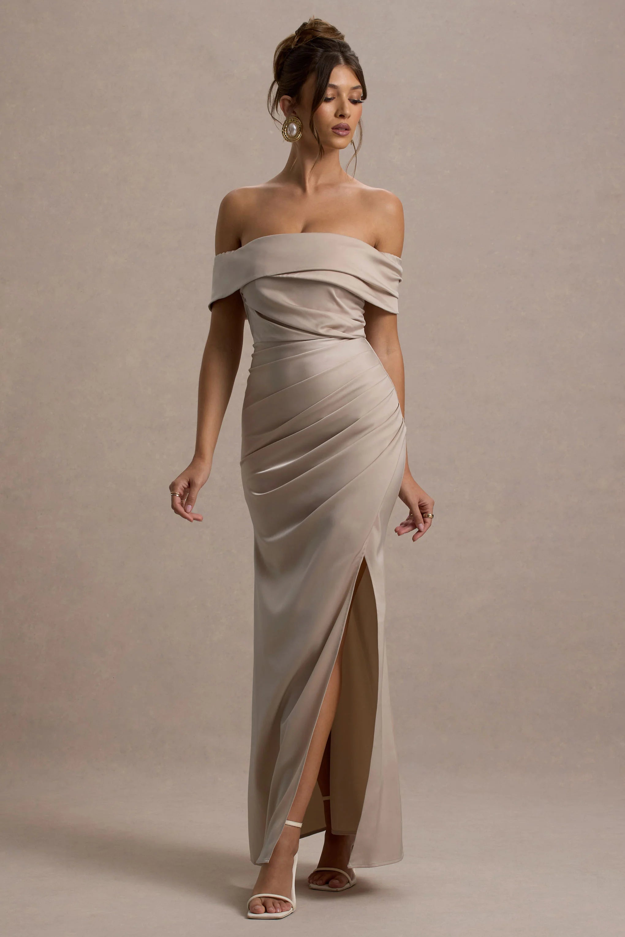 Martine Champagne Satin Bardot Wrap Maxi Dress