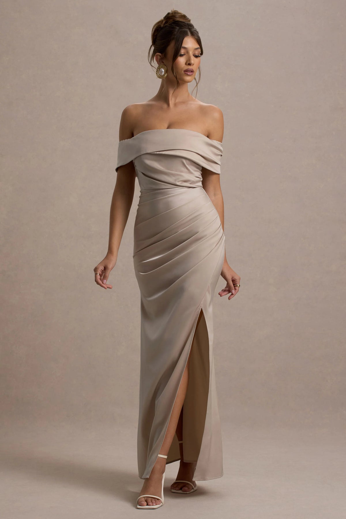 Martine Champagne Satin Bardot Wrap Maxi Dress