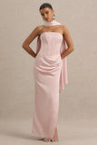 Joseline Pale Pink Satin Corset Wrap Maxi Dress With Scarf