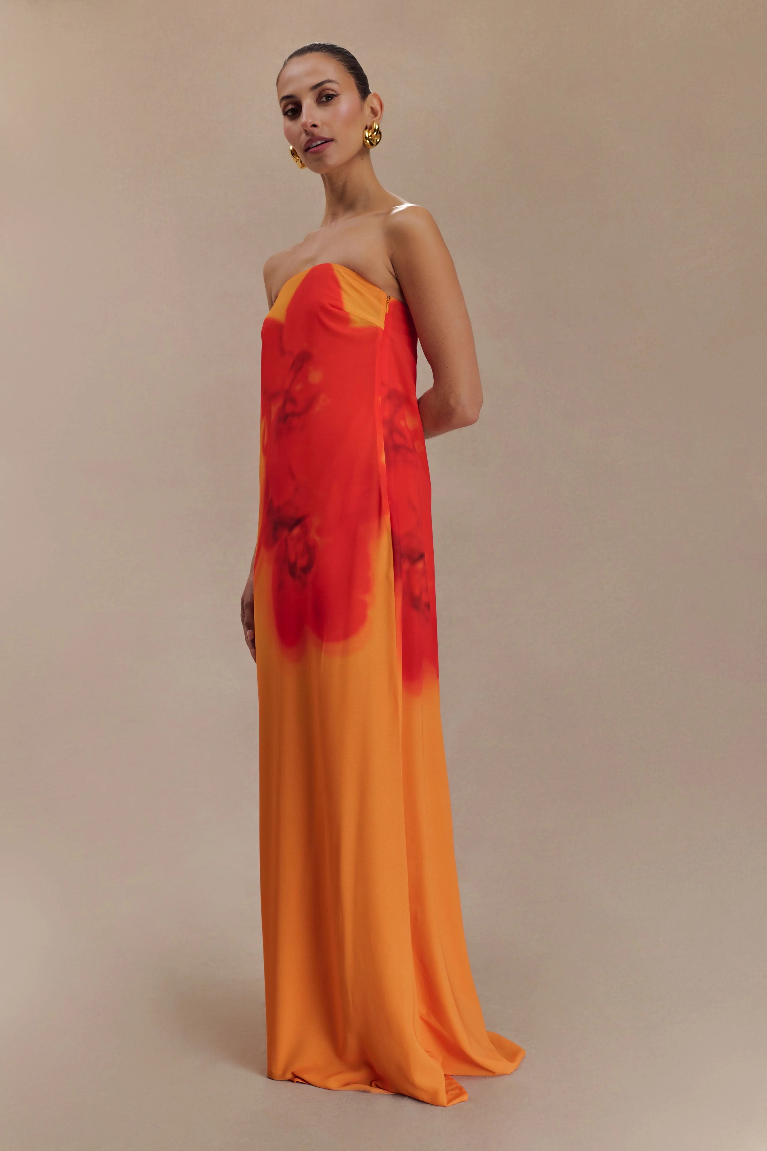 Amaya Strapless Chiffon Maxi Dress Koi Orchid Print